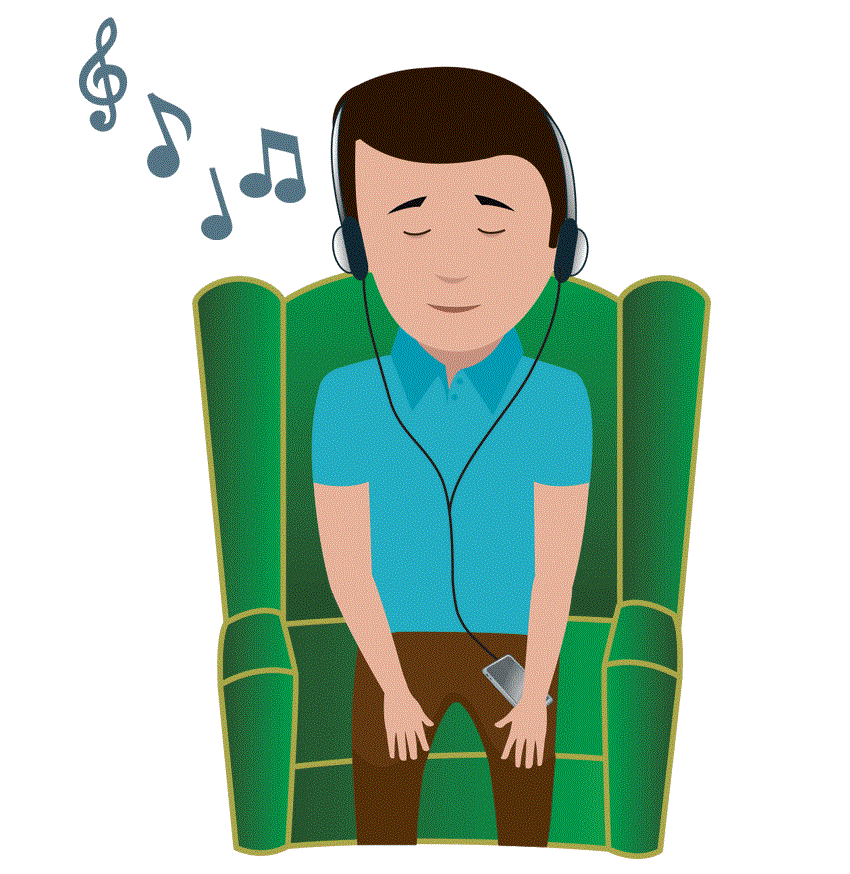 A person sitting in a comfortable chair and relaxing while listening to music.