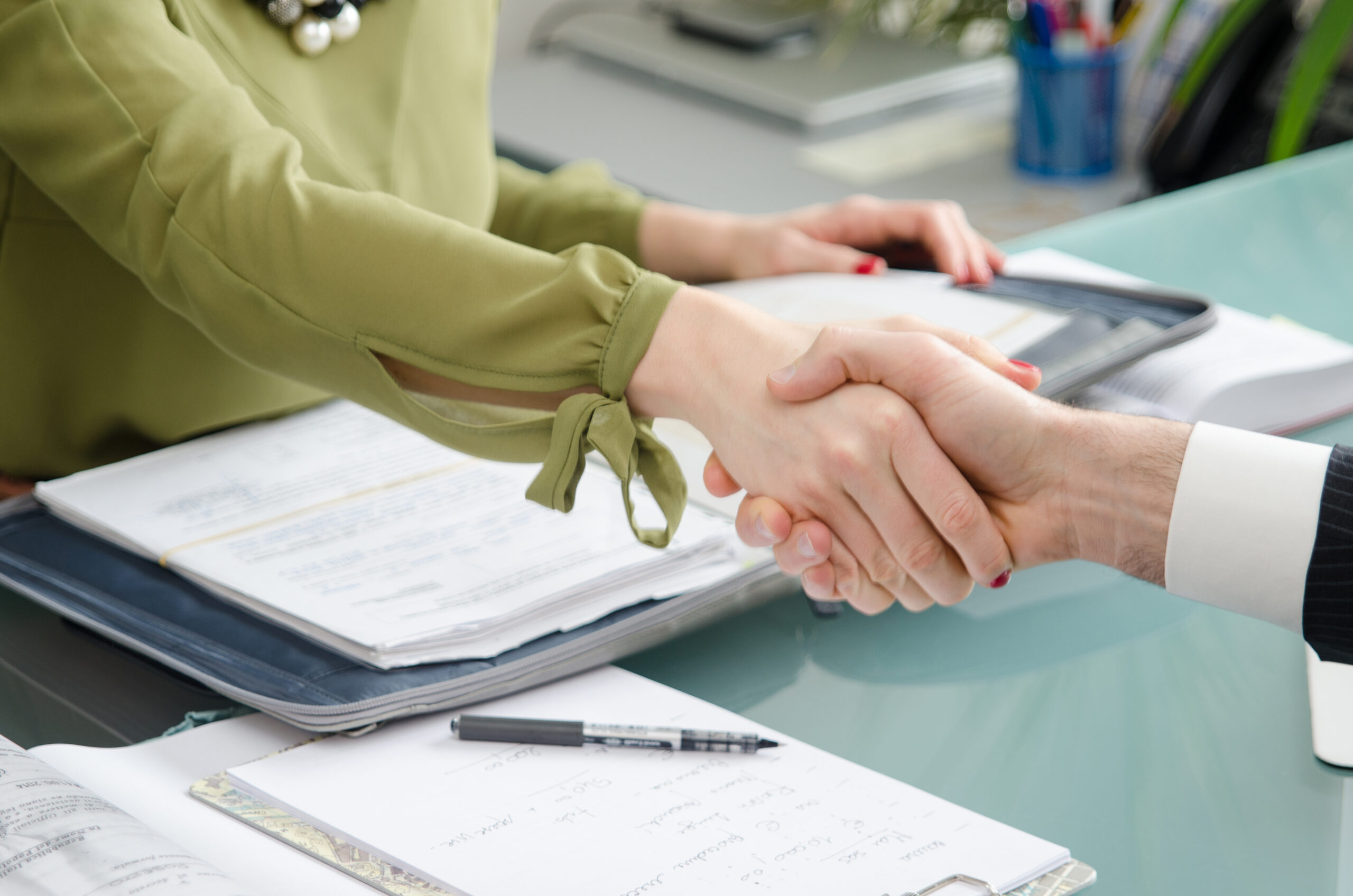 People shaking hands at a job interview.